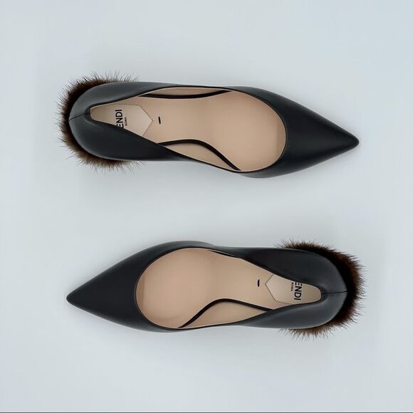 Fendi Leather Closed Toe Pumps in Black w/ Mink Fur on Heels Women Size 39.5 - Picture 10 of 15